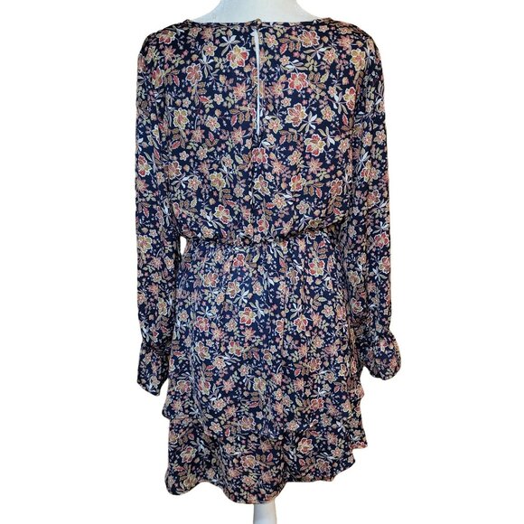 Vision Women’s Medium Navy Floral Boho Long Sleeve Dress Ruffle Hem Polyester - Picture 3 of 8